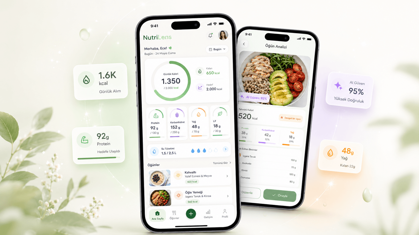 Preview of the NutriLens dashboard and meal analysis on a phone
